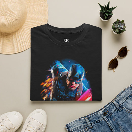 Captain Shield Action T-Shirt — Retro Superhero Graphic Tee