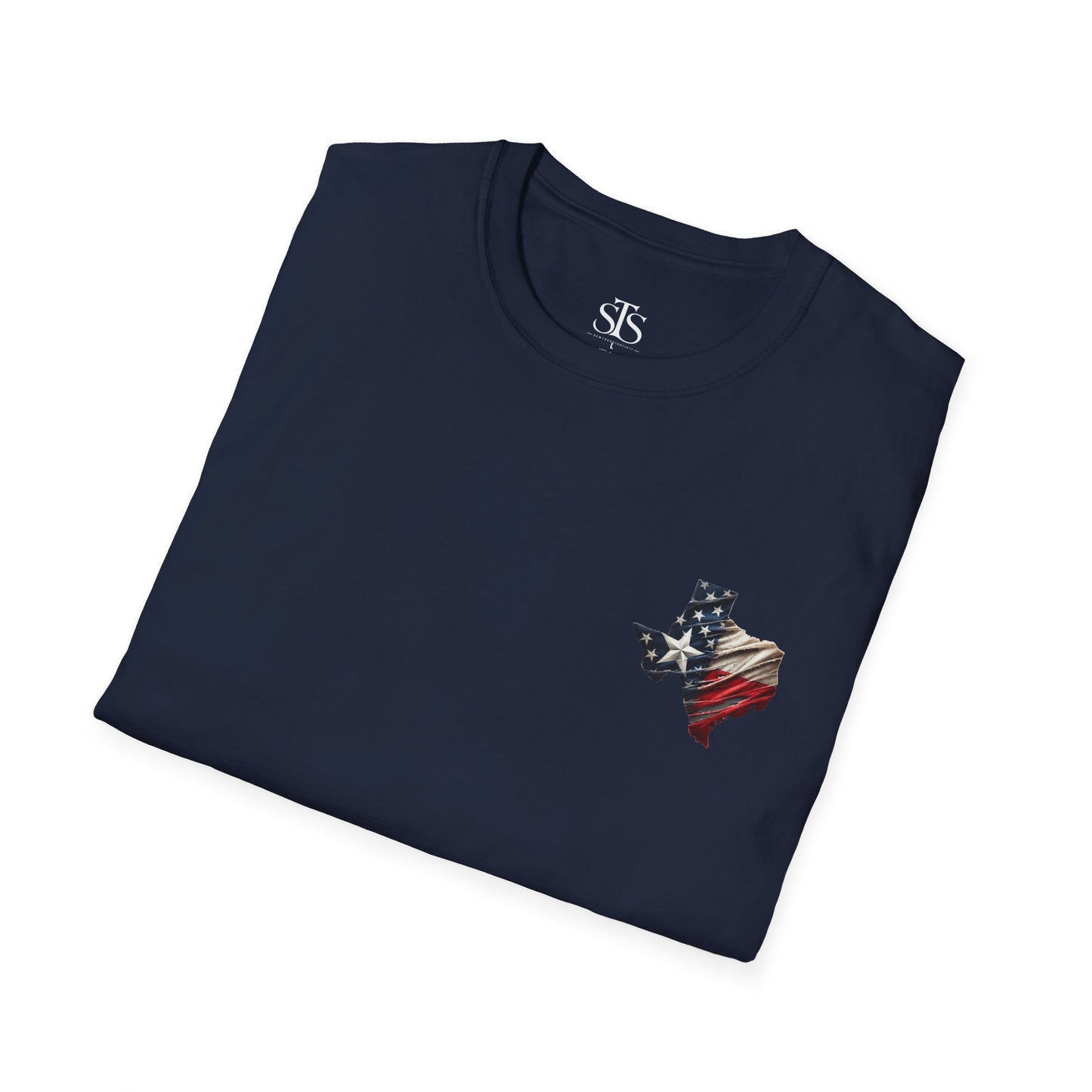 Texas Flag Outline T-Shirt — Small Distressed American Flag on Texas Graphic