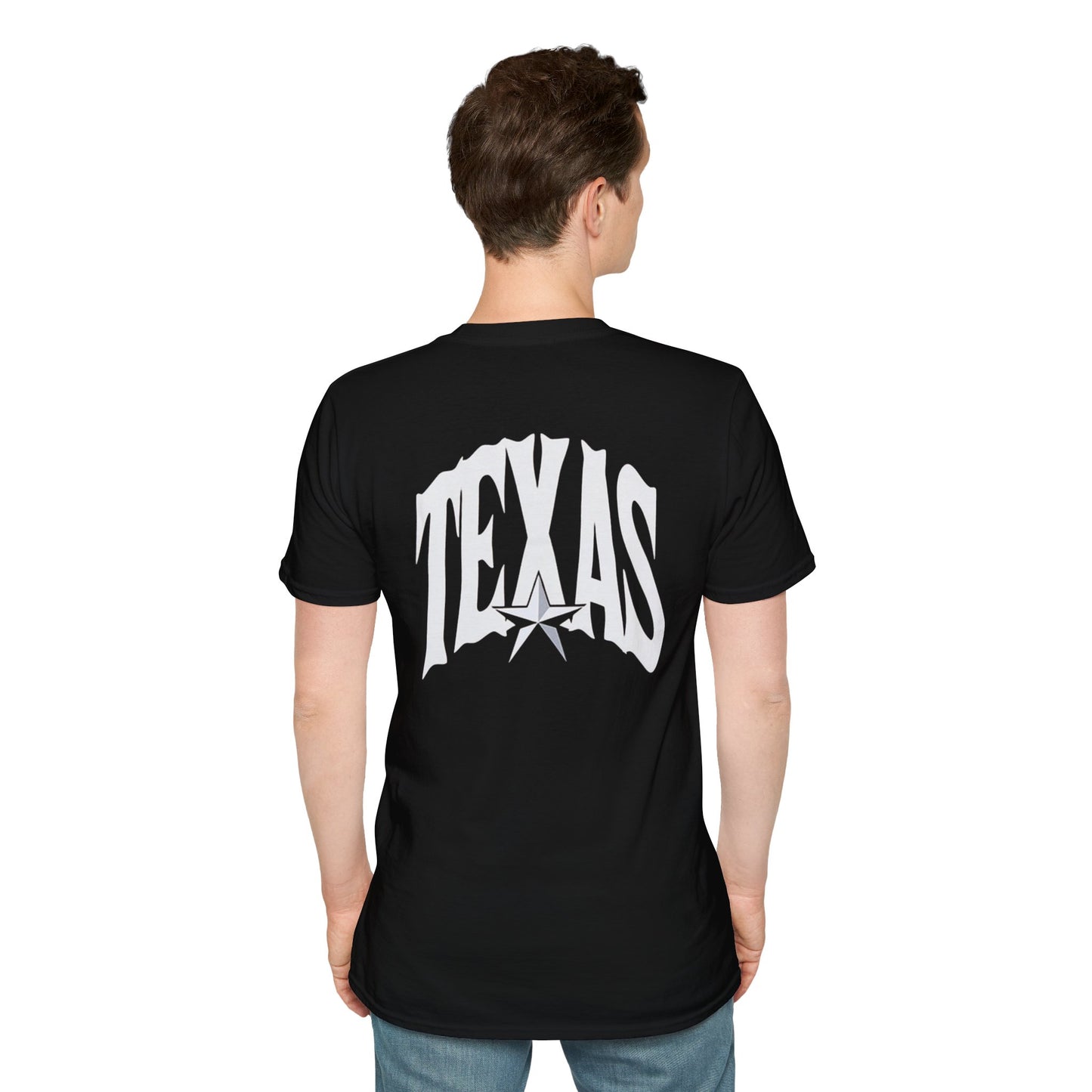 Texas Flag Outline T-Shirt — Small Distressed American Flag on Texas Graphic