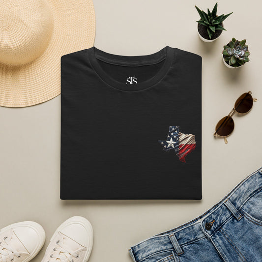 Texas Flag Outline T-Shirt — Small Distressed American Flag on Texas Graphic