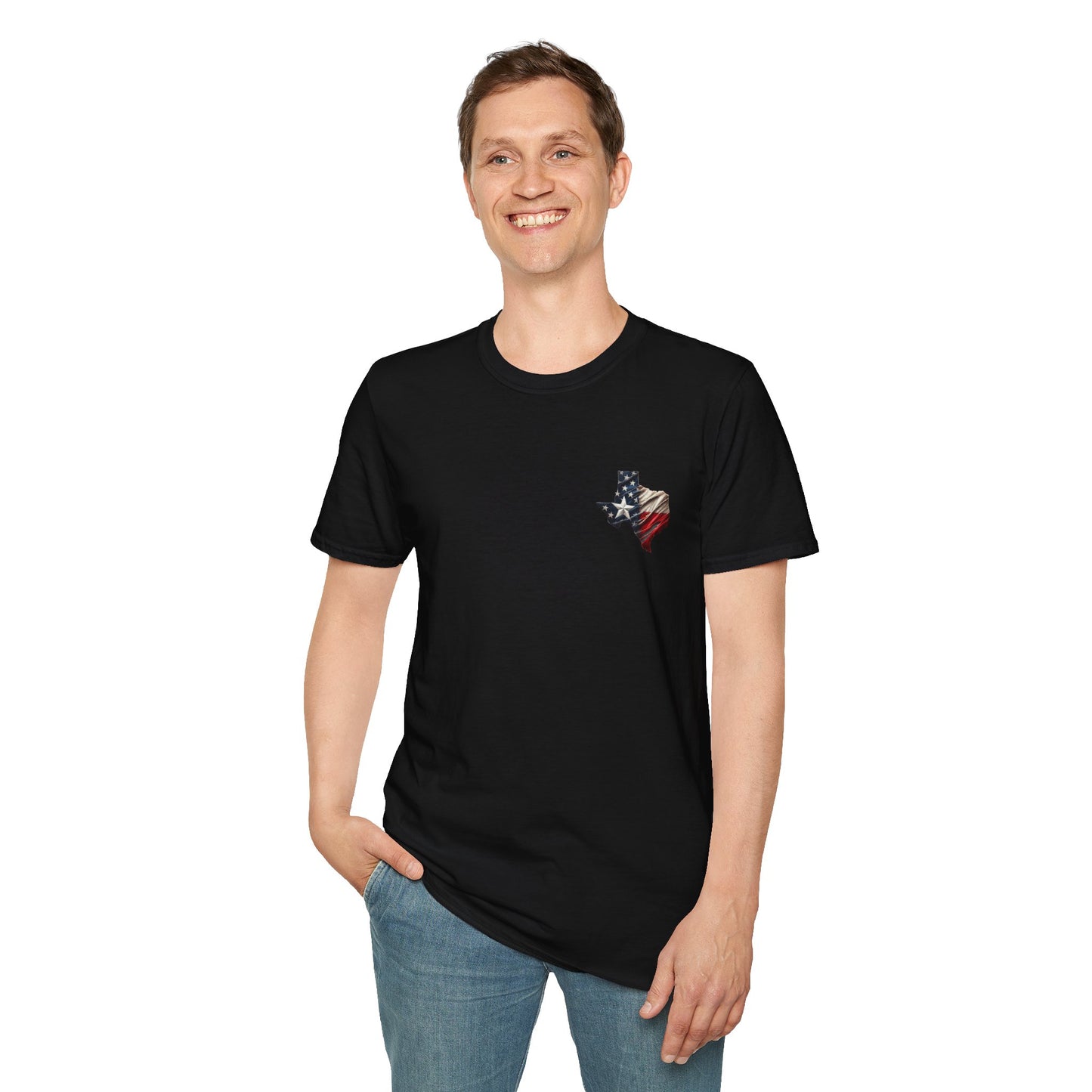 Texas Flag Outline T-Shirt — Small Distressed American Flag on Texas Graphic