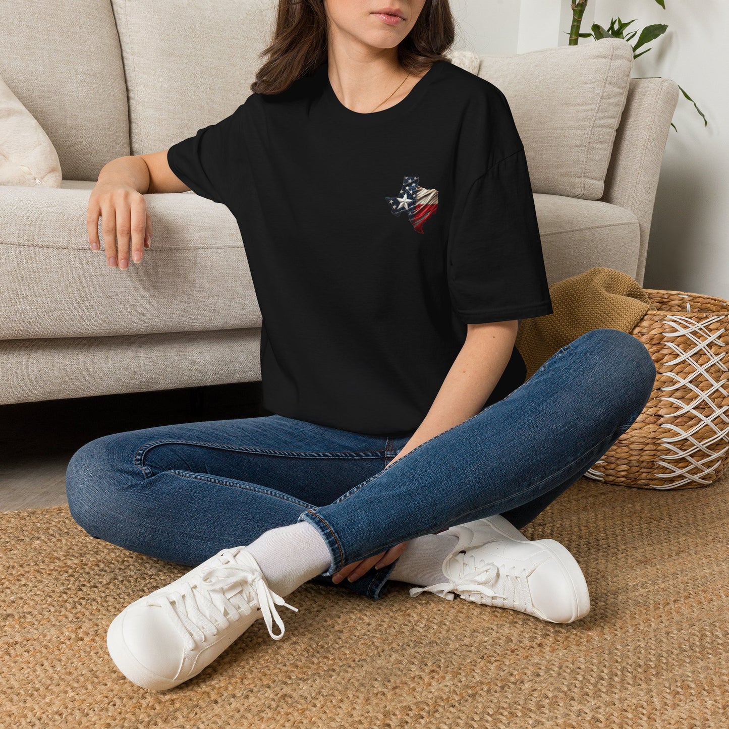 Texas Flag Outline T-Shirt — Small Distressed American Flag on Texas Graphic