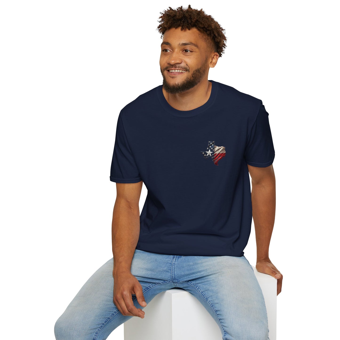 Texas Flag Outline T-Shirt — Small Distressed American Flag on Texas Graphic