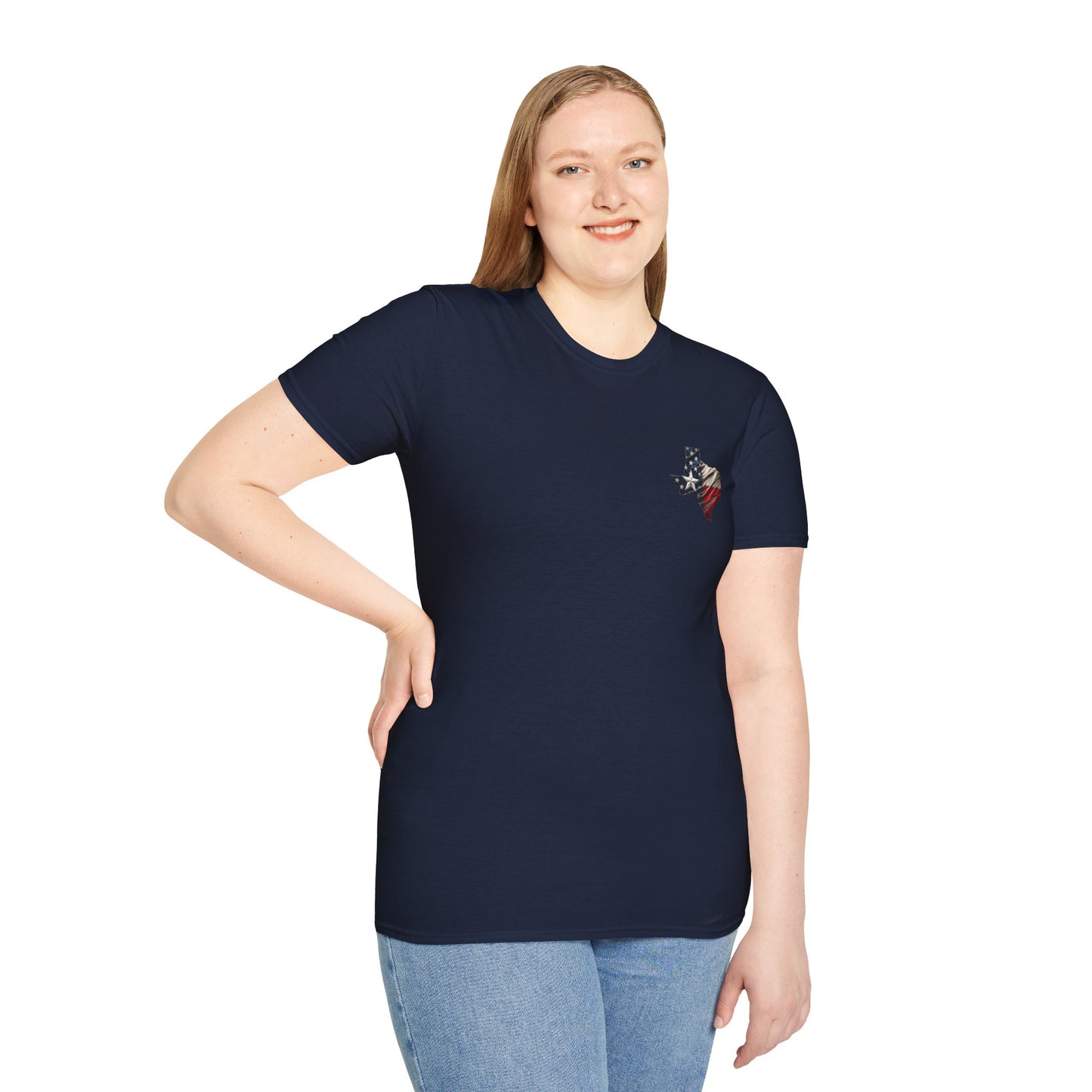 Texas Flag Outline T-Shirt — Small Distressed American Flag on Texas Graphic
