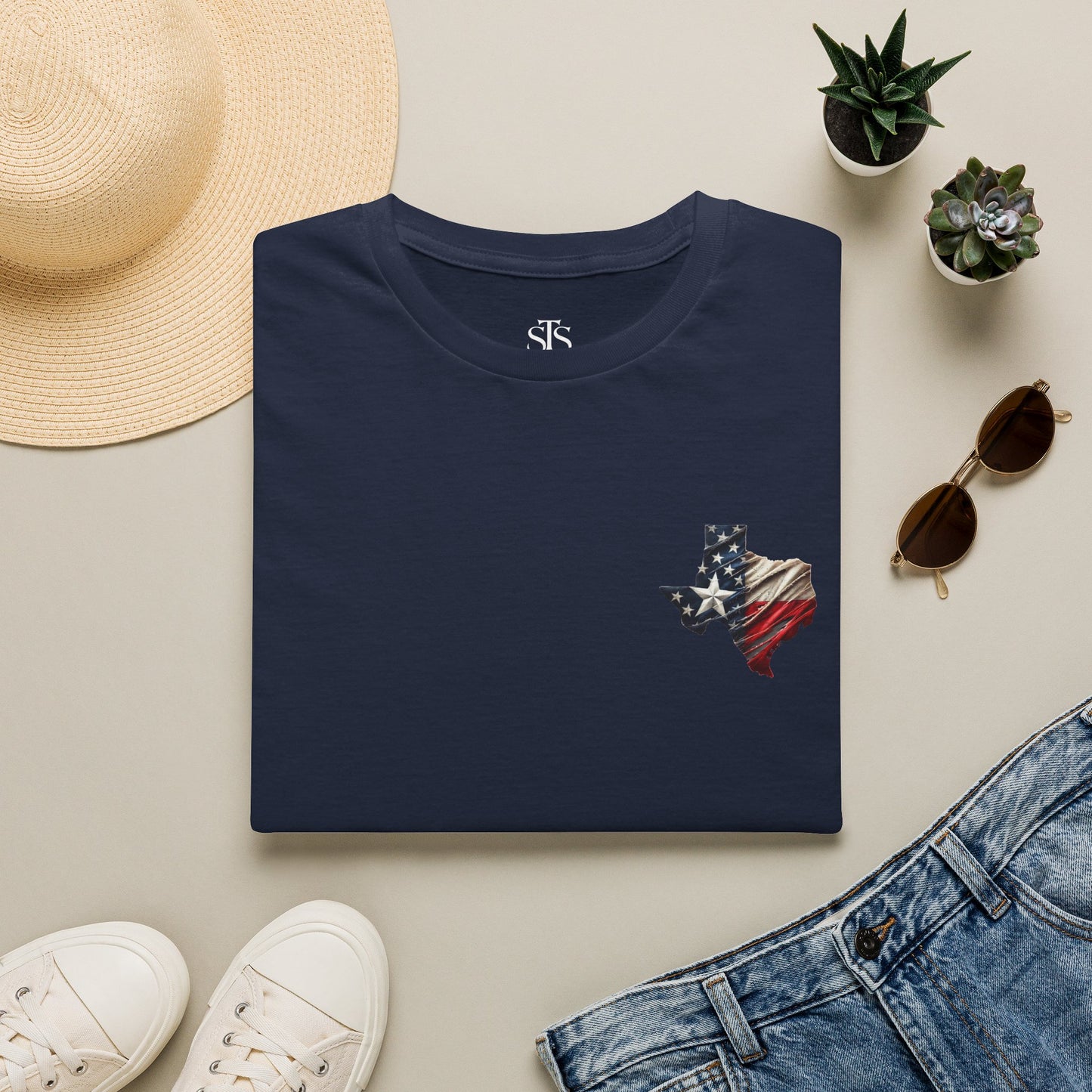 Texas Flag Outline T-Shirt — Small Distressed American Flag on Texas Graphic