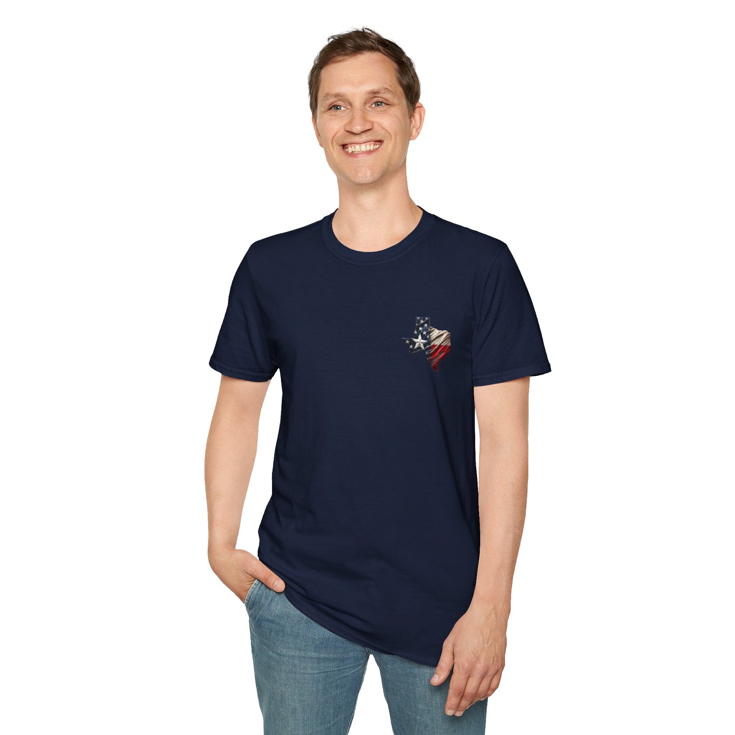 Texas Flag Outline T-Shirt — Small Distressed American Flag on Texas Graphic