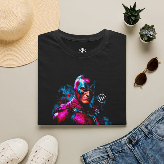 Vibrant Retro Superhero T-Shirt — Neon Magneto Portrait Tee