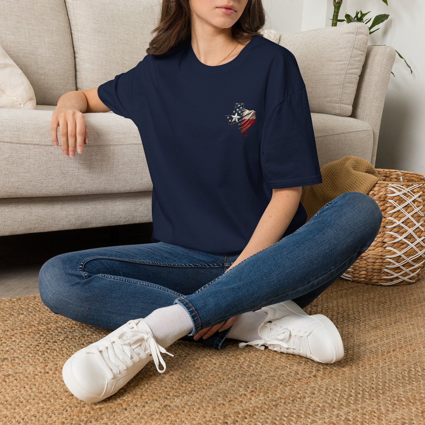 Texas Flag Outline T-Shirt — Small Distressed American Flag on Texas Graphic