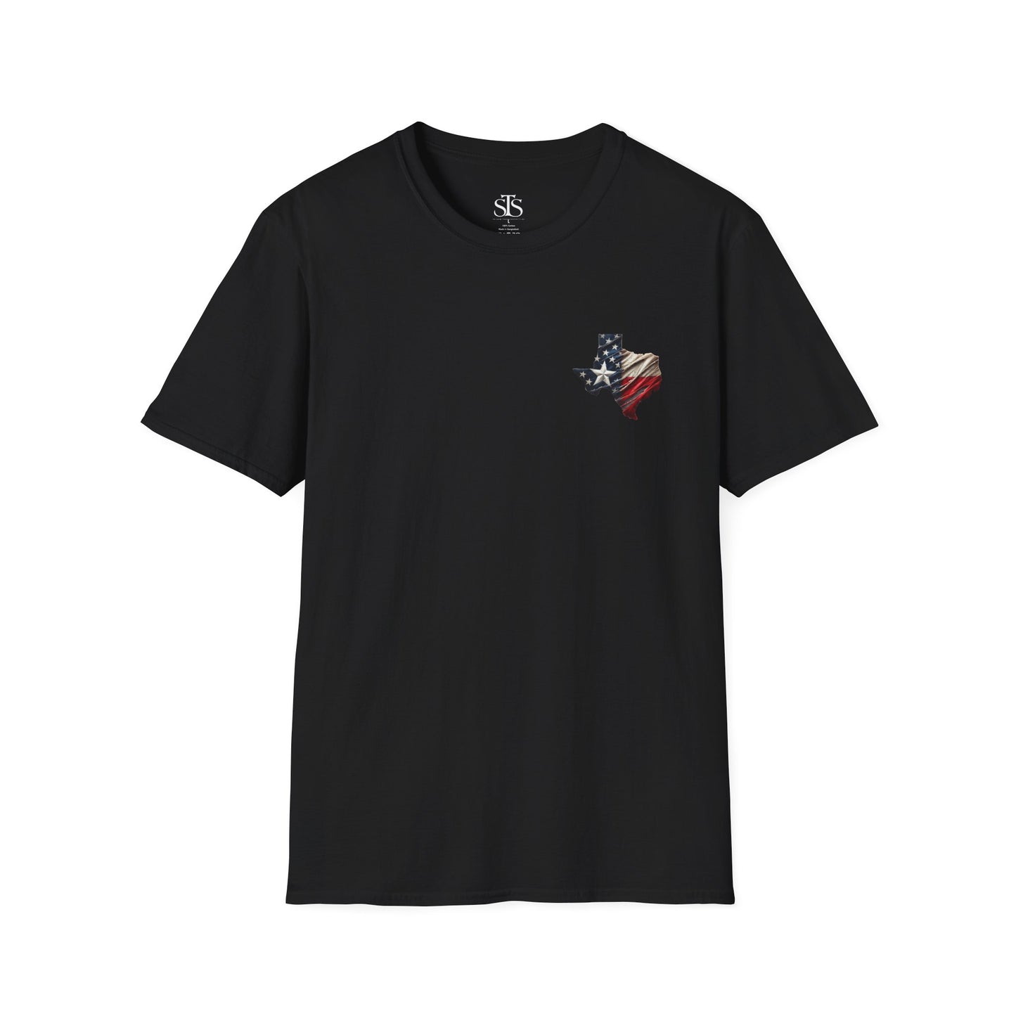 Texas Flag Outline T-Shirt — Small Distressed American Flag on Texas Graphic
