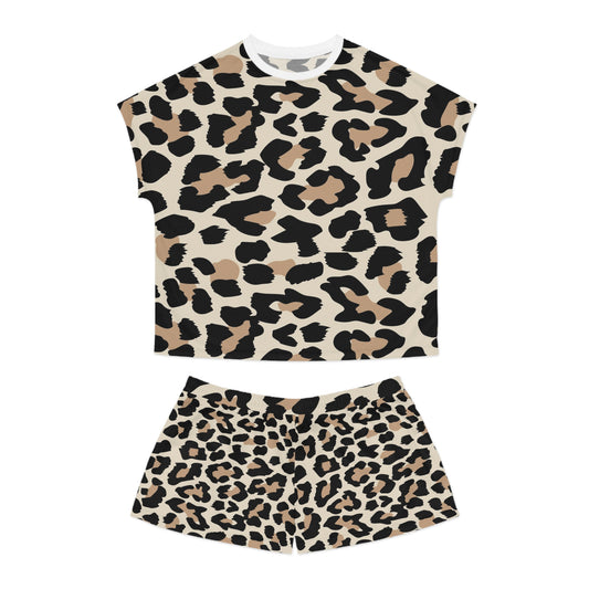 Leopard Print Women's Pajama Set — Short Sleeve Top & Shorts Loungewear