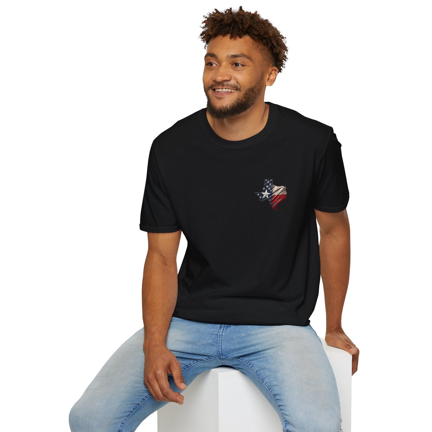 Texas Flag Outline T-Shirt — Small Distressed American Flag on Texas Graphic