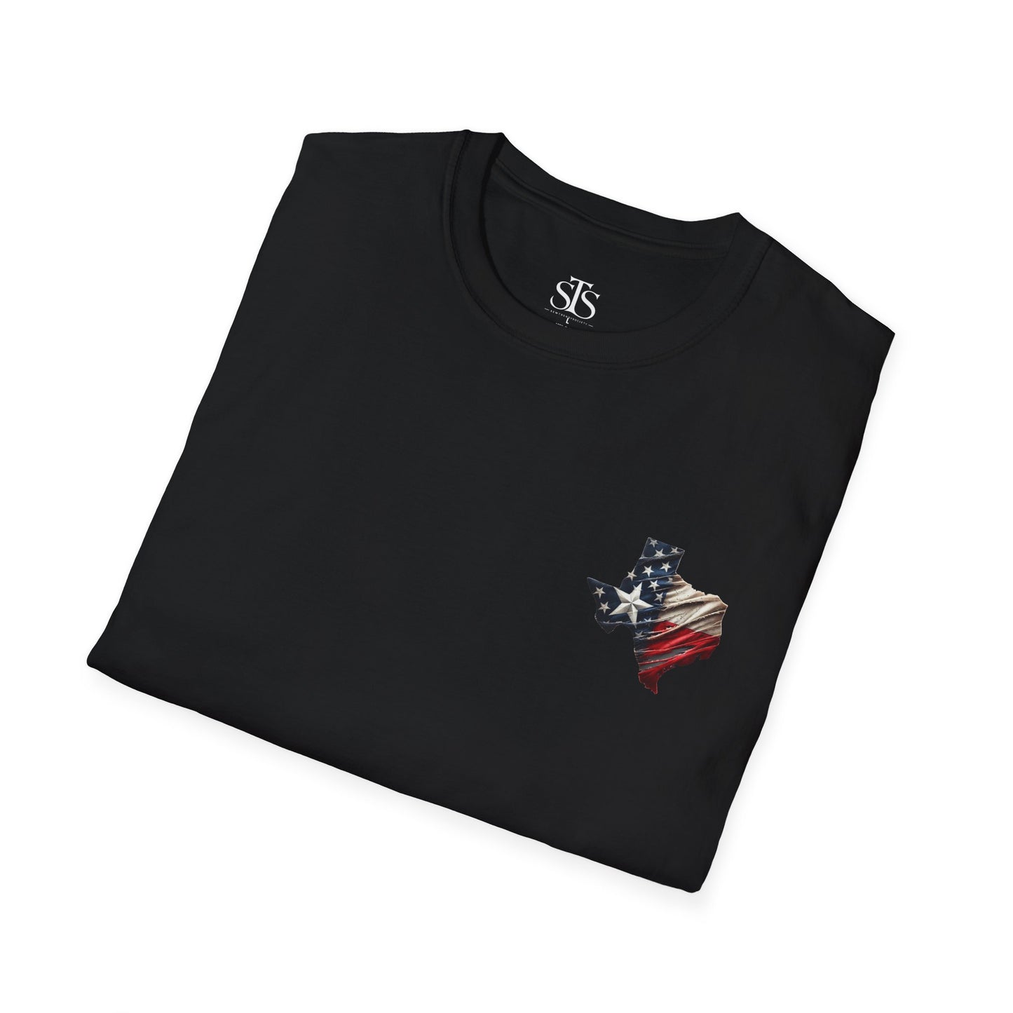 Texas Flag Outline T-Shirt — Small Distressed American Flag on Texas Graphic
