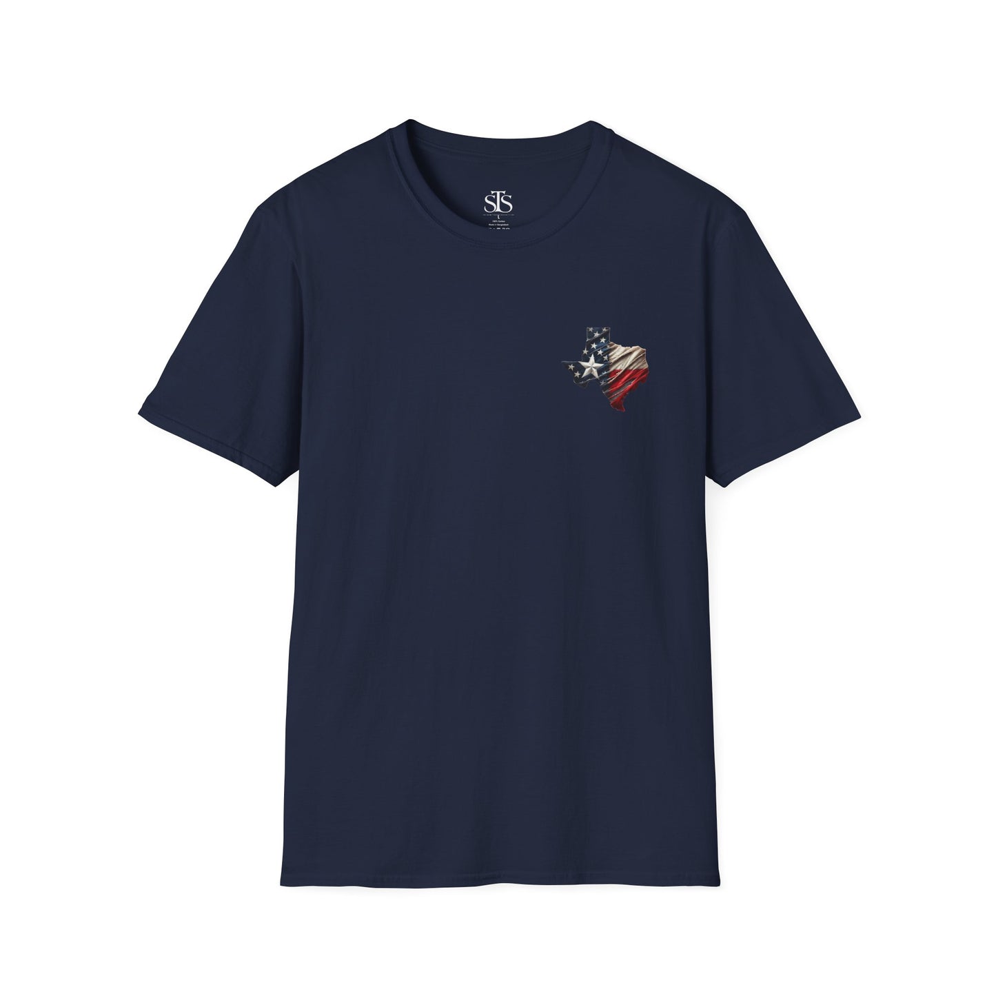 Texas Flag Outline T-Shirt — Small Distressed American Flag on Texas Graphic